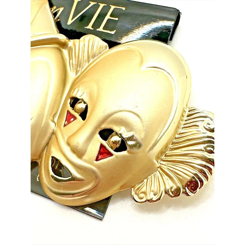 NWT Vintage EnVIE Circus Clowns Brooch 1980s Satin Gold Tone NOS Statement 3.5”
